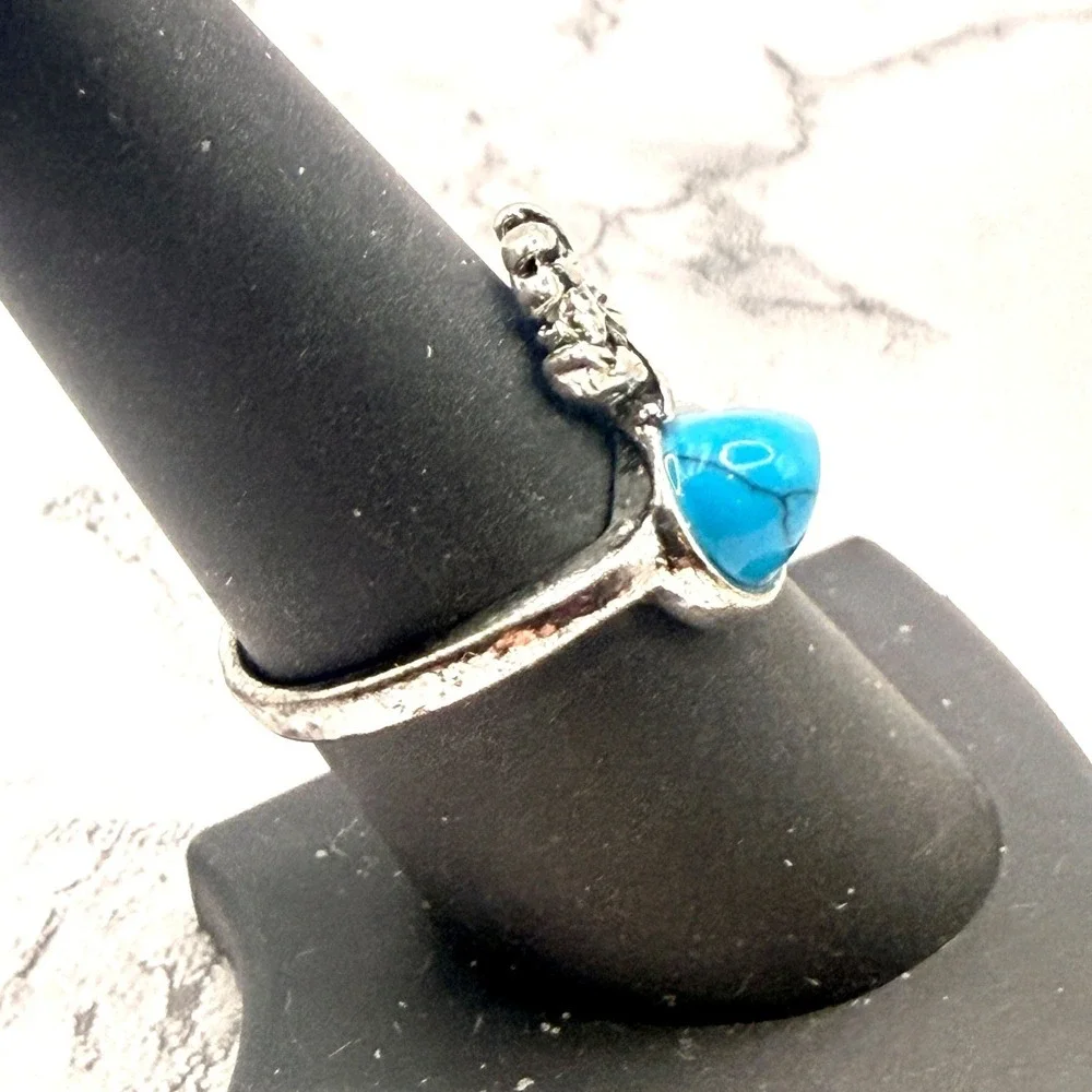 Turquoise Color Marbled Glass Flower Ring Silver Tone‎ Size 7.5
